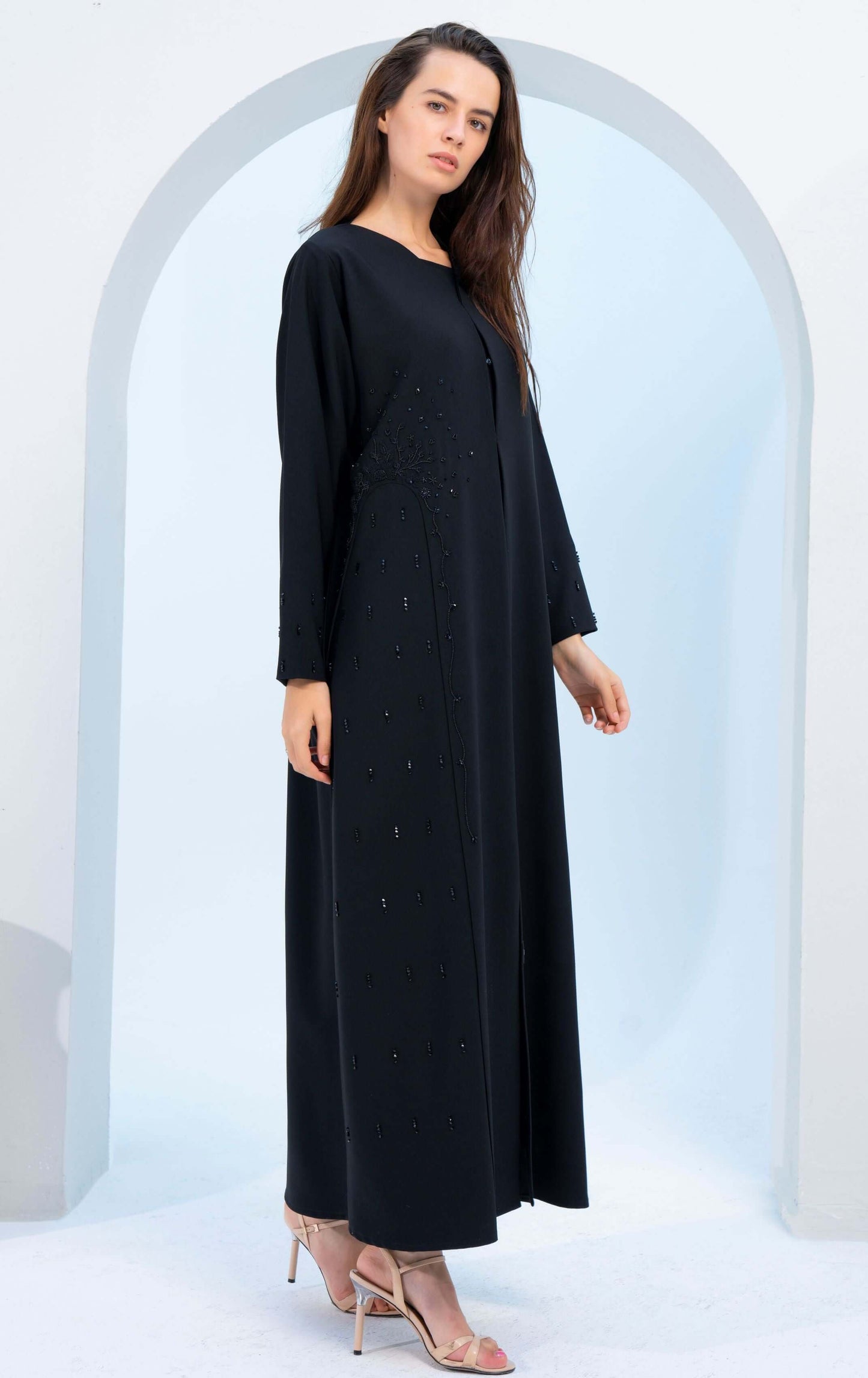 Black V-Neck Abaya with Exquisite Patterned Hand Embellishments on Side and Sleeves