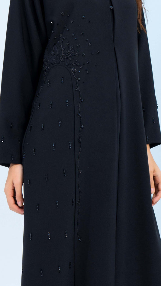 Black V-Neck Abaya with Exquisite Patterned Hand Embellishments on Side and Sleeves