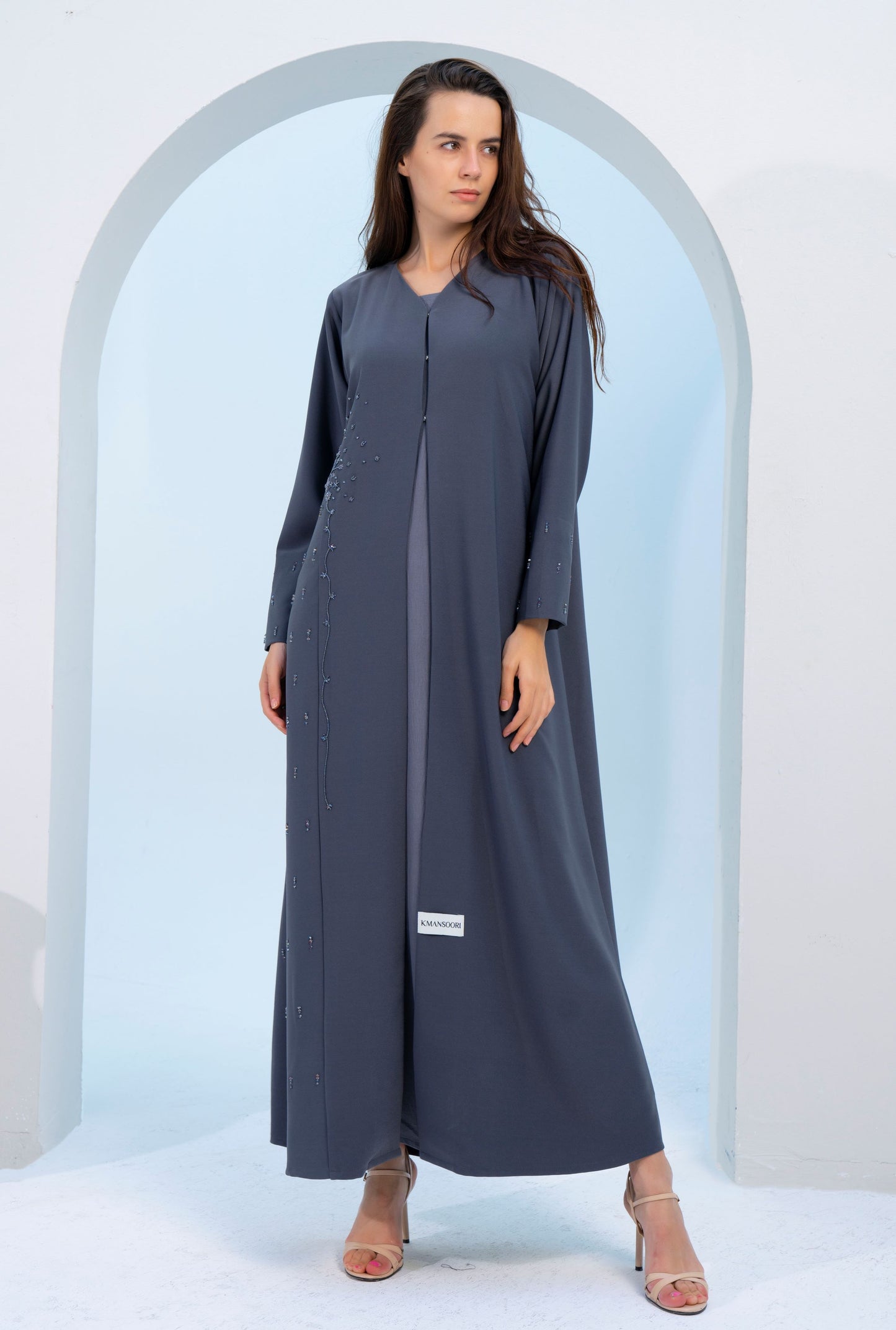 Grey V-Neck Abaya with Embellishments on Side and Both Sleeves