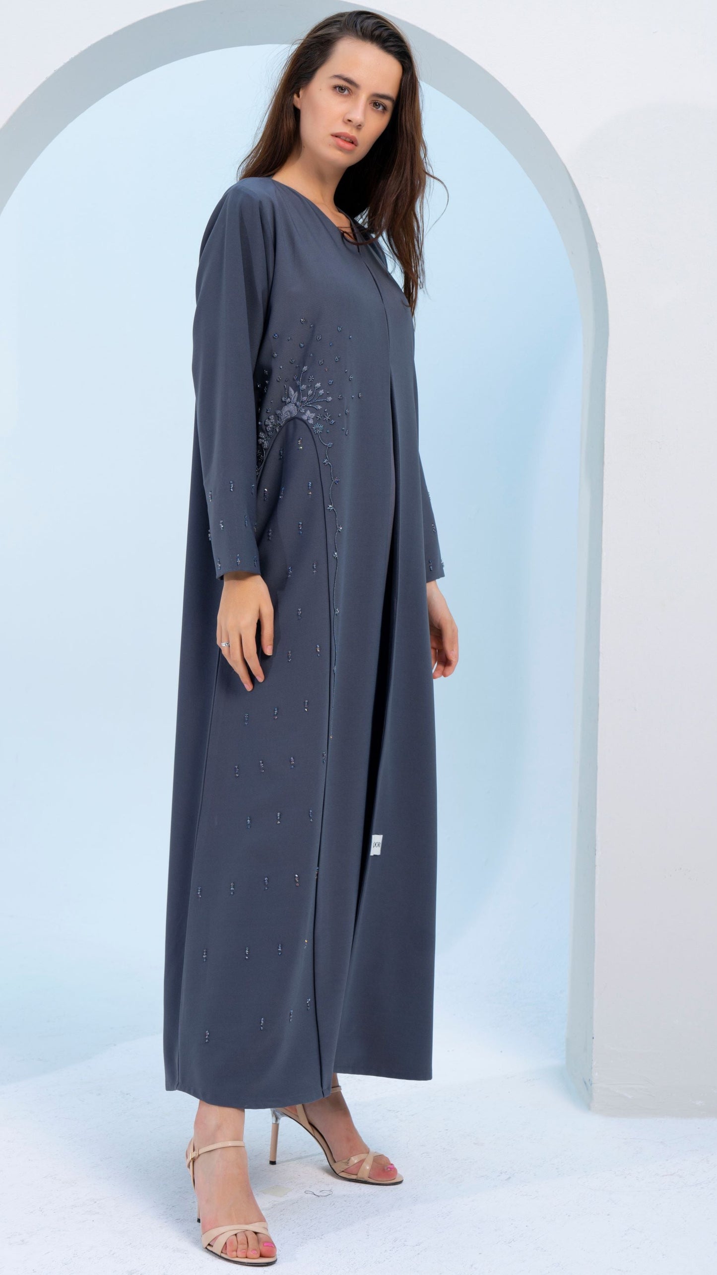 Grey V-Neck Abaya with Embellishments on Side and Both Sleeves