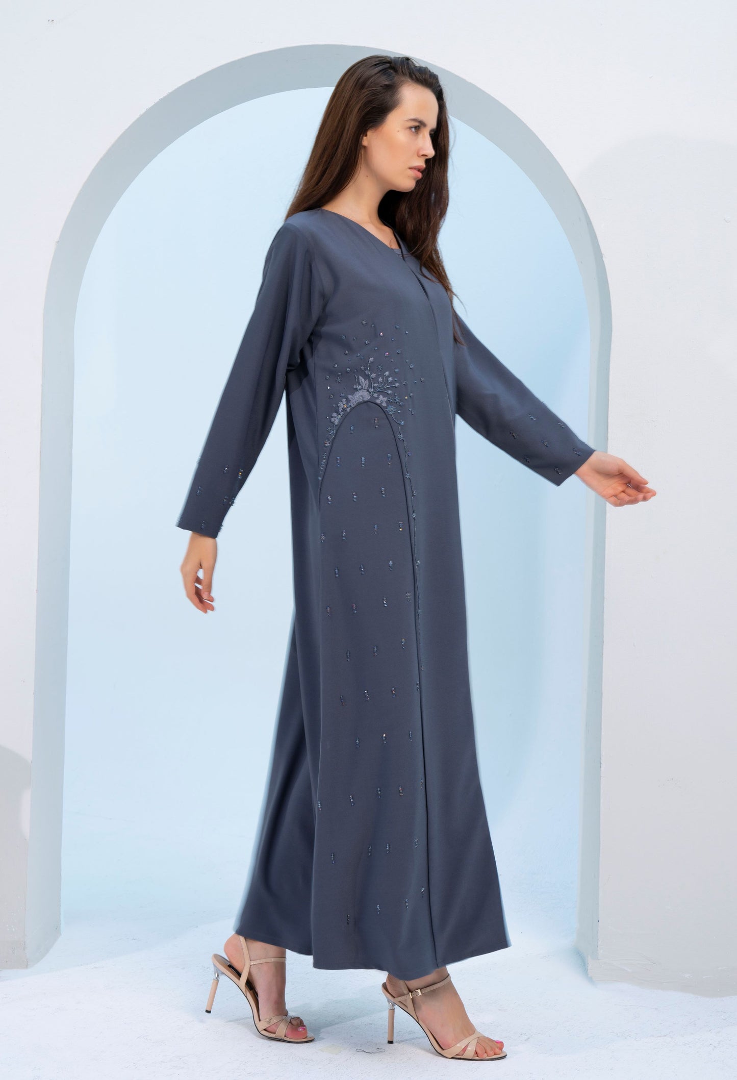 Grey V-Neck Abaya with Embellishments on Side and Both Sleeves
