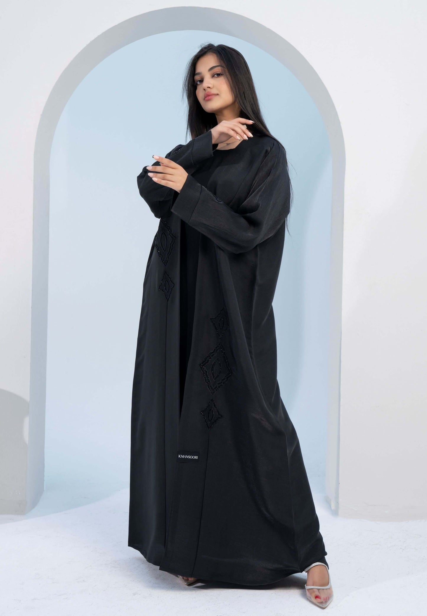 Black bisht abaya with ethnic embroidery and embellishments