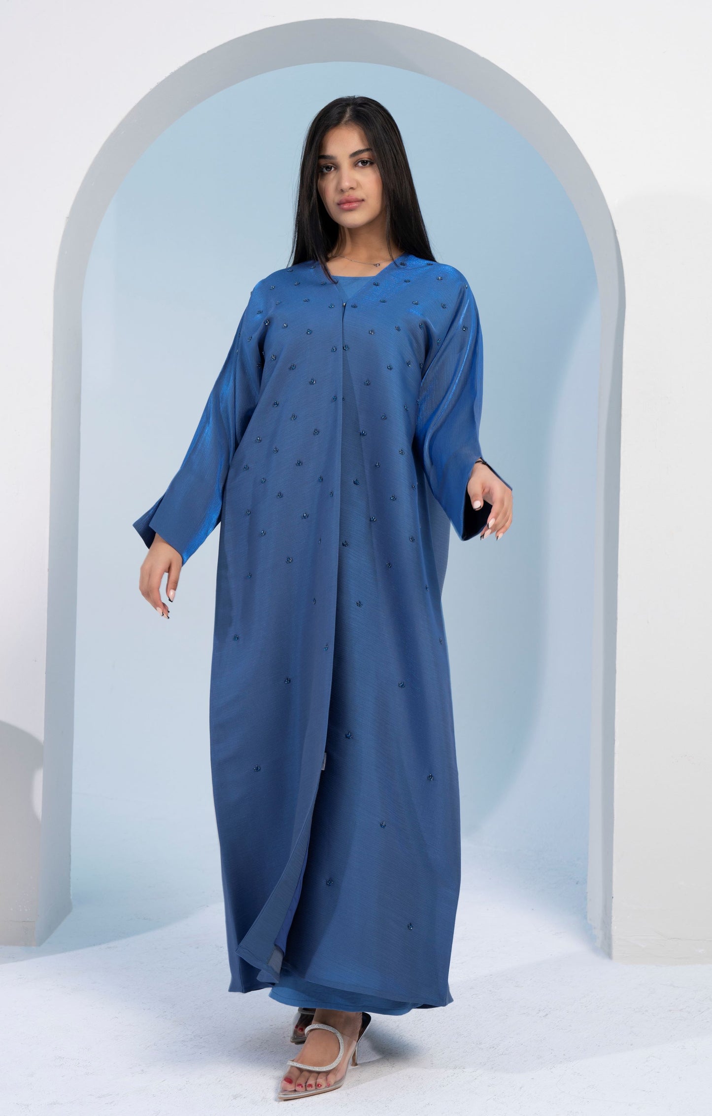 Sky Blue Bisht Abaya with Delicate Embellishments Throughout