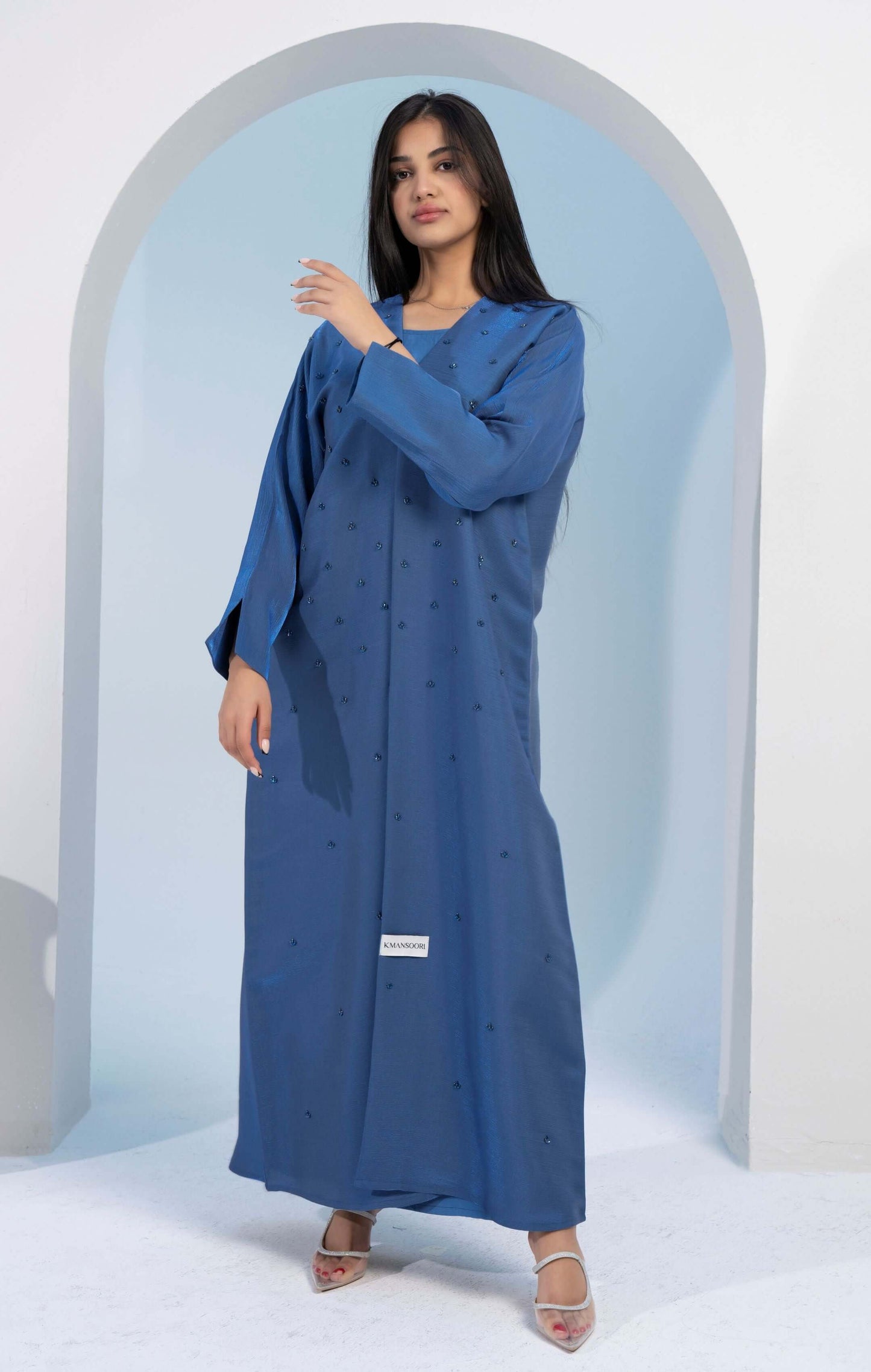 Sky Blue Bisht Abaya with Delicate Embellishments Throughout