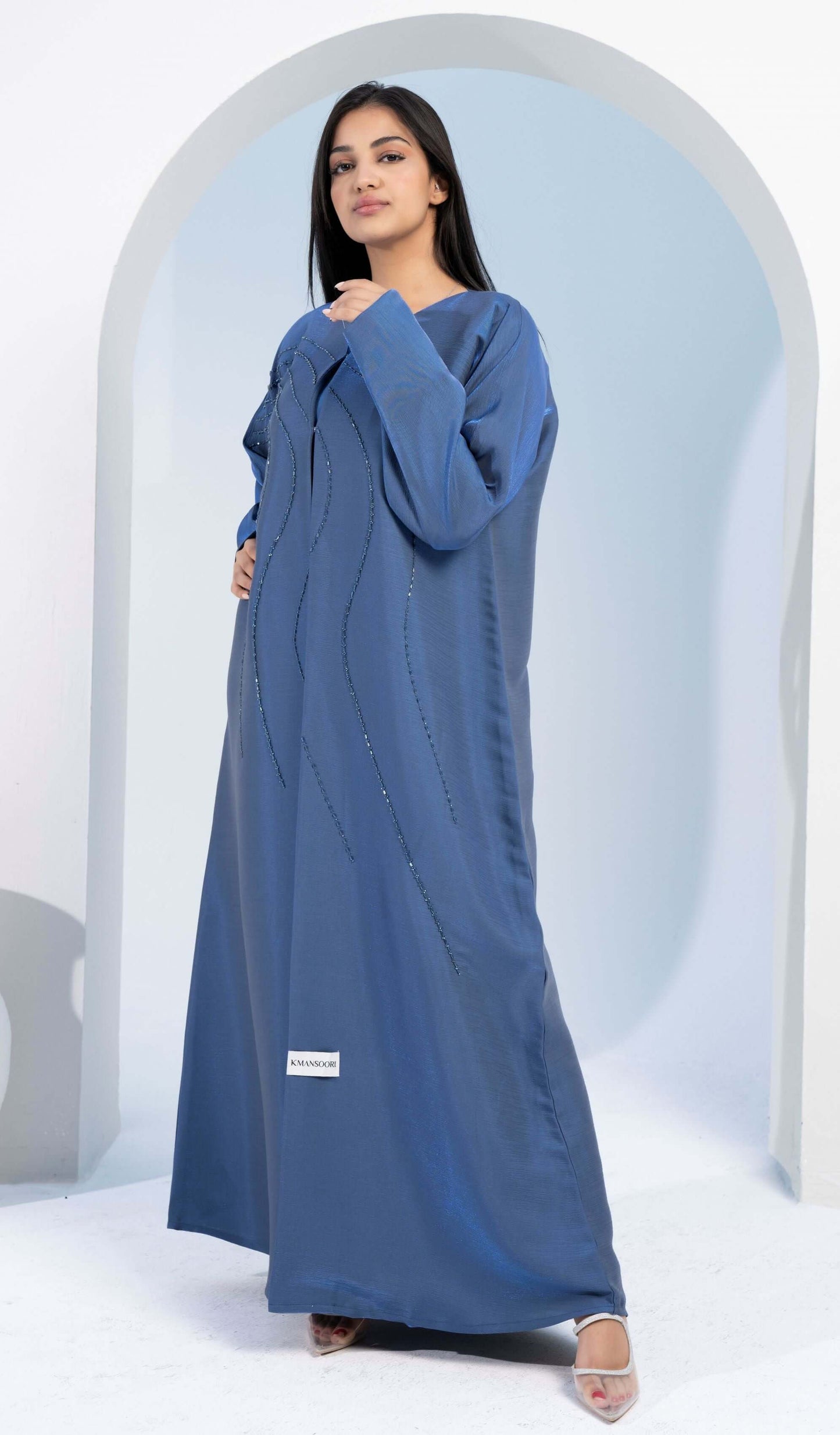 Sky Blue Colored V-Neck Abaya with Flowy Embellishments