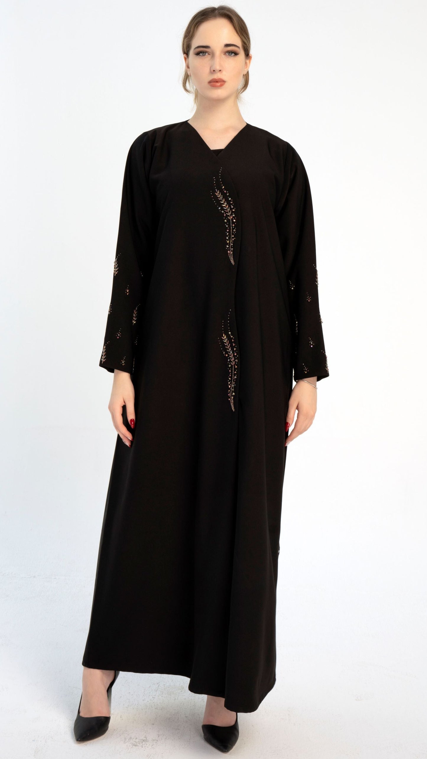 Black abaya with Stylized Curve Cut Pattern With Floral Bead Embellishments On the Front flaps And Sleeves