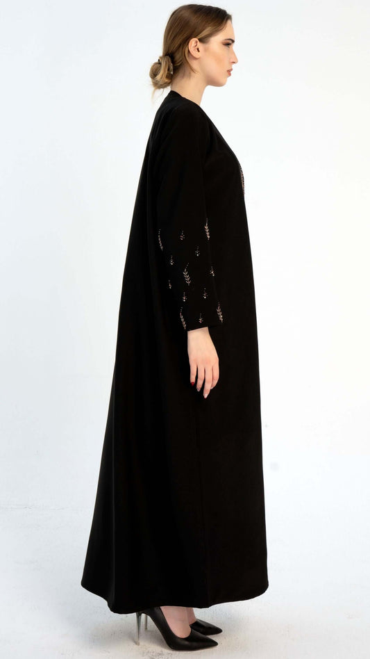 Black abaya with Stylized Curve Cut Pattern With Floral Bead Embellishments On the Front flaps And Sleeves