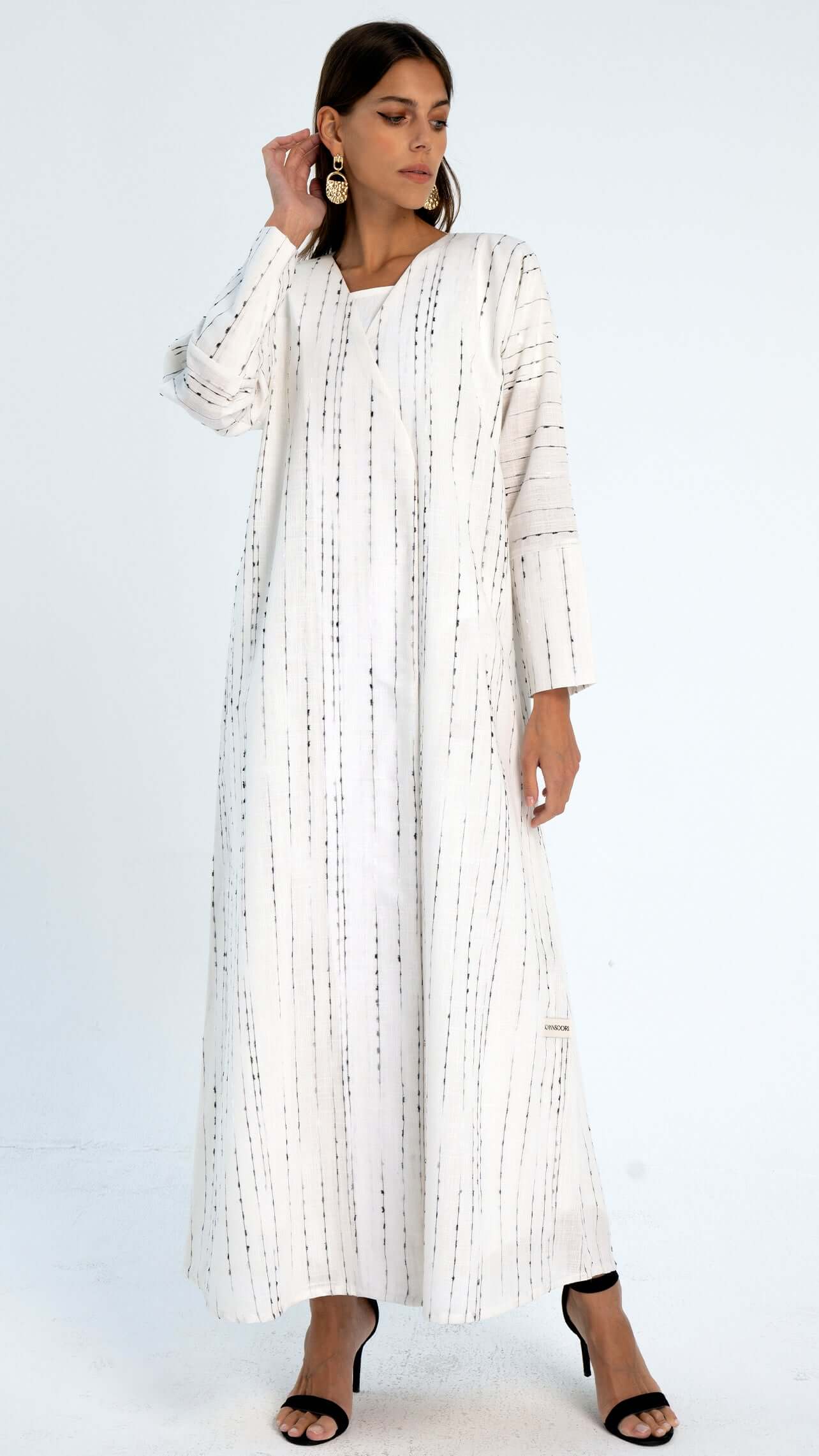 White stripe linen overlap abaya in Dubai Online.