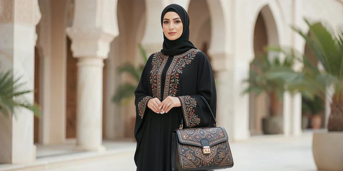 woman in abaya carrying a handbag
