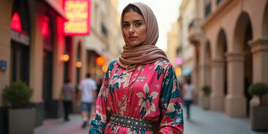woman wearing abaya with bold colors