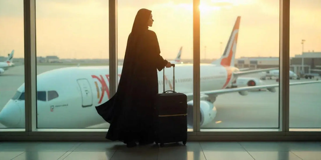 woman in abaya standing at airport terminal with a suitcase
