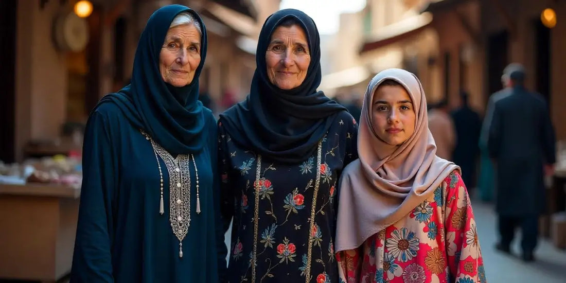 Three women standing in traditional and modern abayas