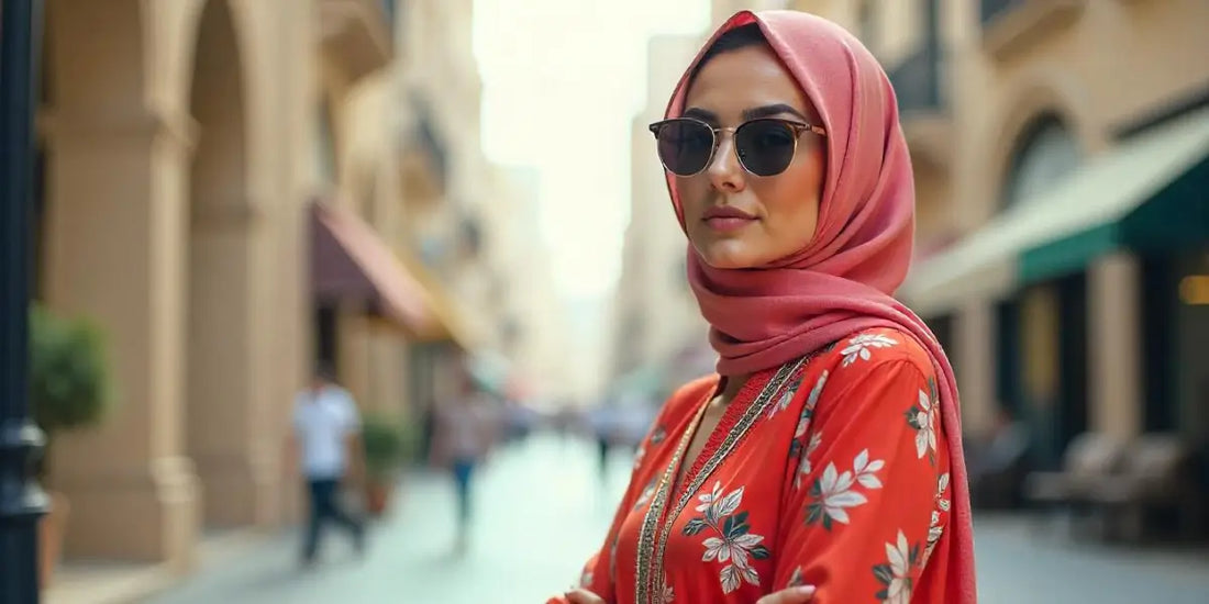 Woman in trendy abaya standing confidently