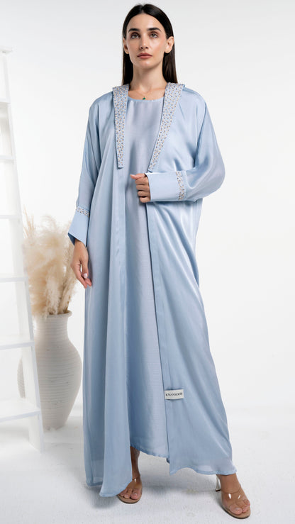 Silk satin abaya with white floral embroidery 