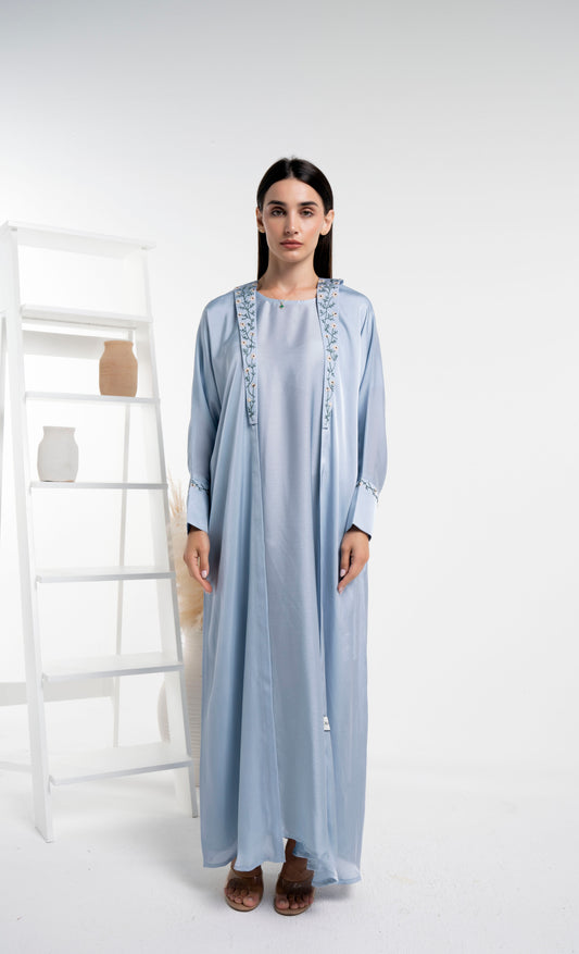 Firozi color abaya with floral embroidery