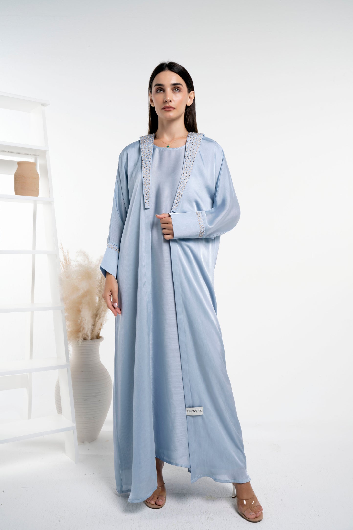 Soft Silk Satin Bisht Abaya With Floral Embroidery On Collar And Cuff Sleeves