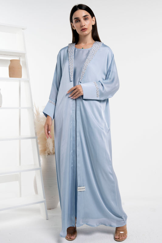 Soft Silk Satin Bisht Abaya With Floral Embroidery On Collar And Cuff Sleeves