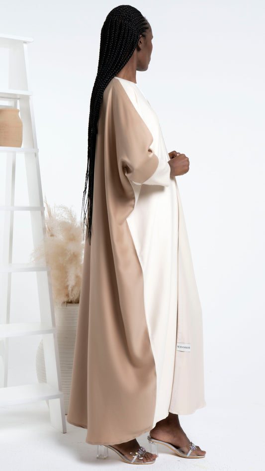 Side view of Beige and Dark Beige color block Bahraini style abaya
