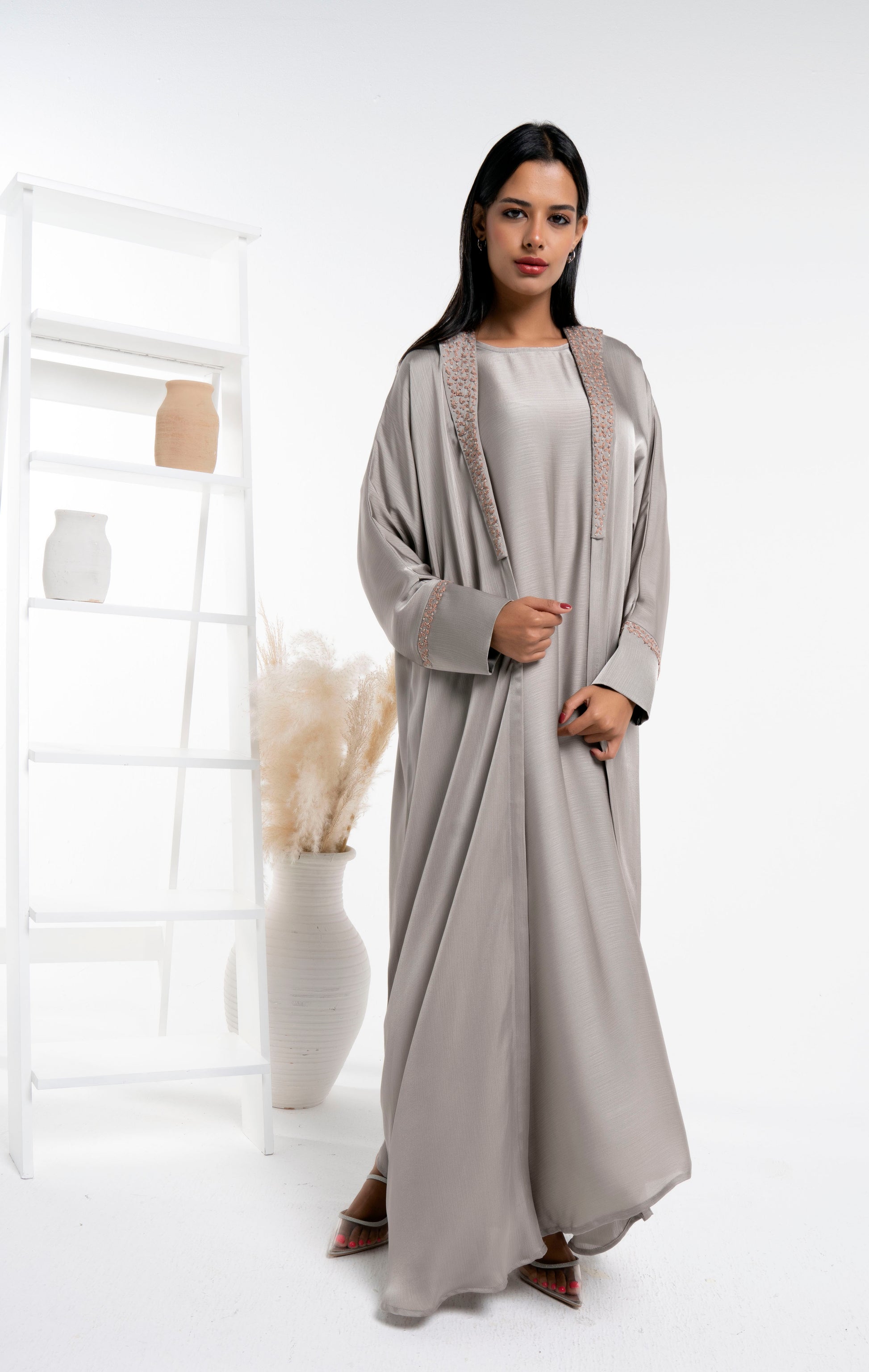 Soft silk satin abaya with floral embroidery on collar and cuff sleeves