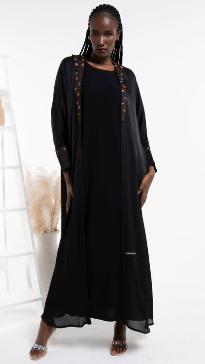 Black silk satin abaya with floral embroidery
