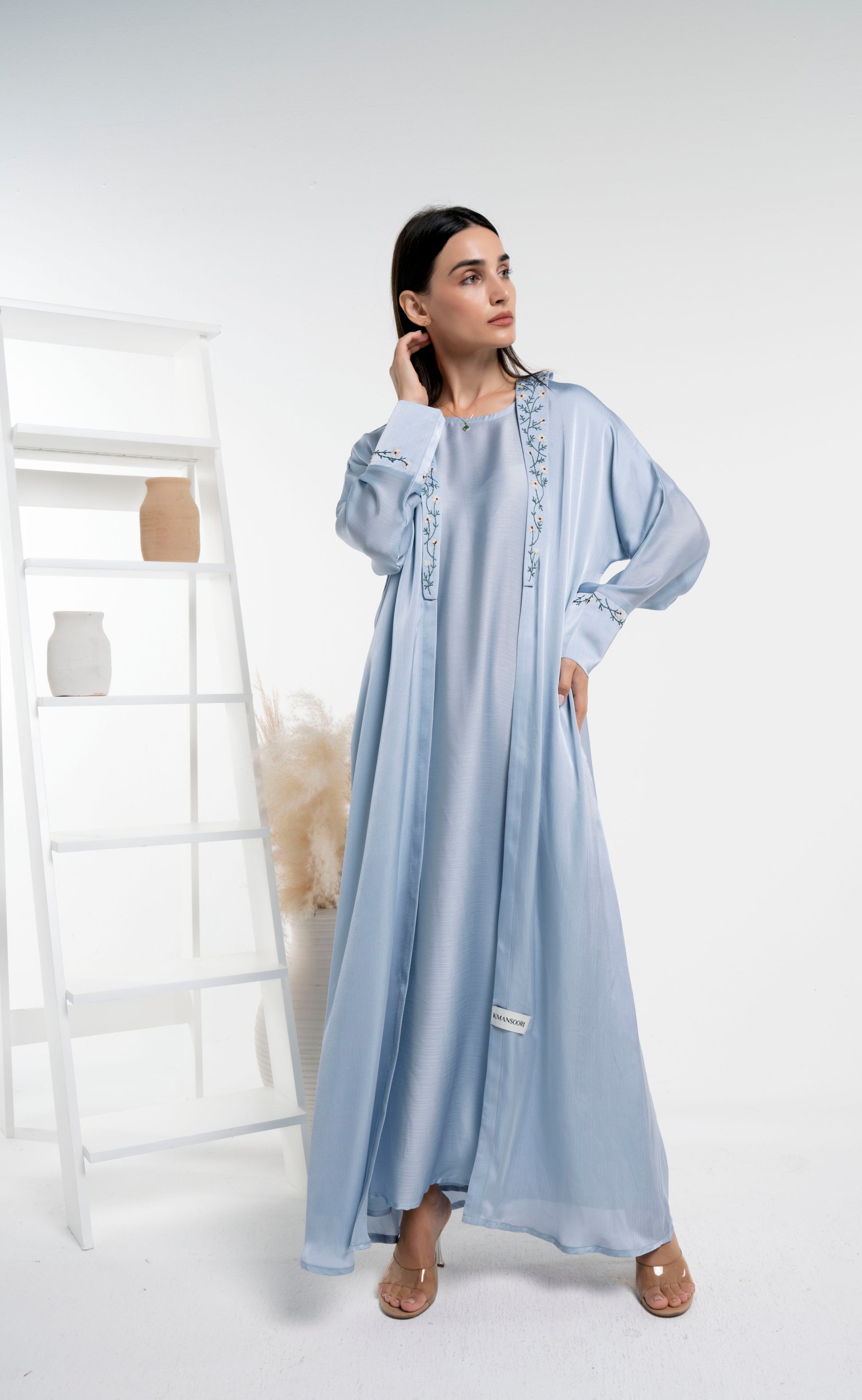 Silk satin abaya for women with floral embroidery