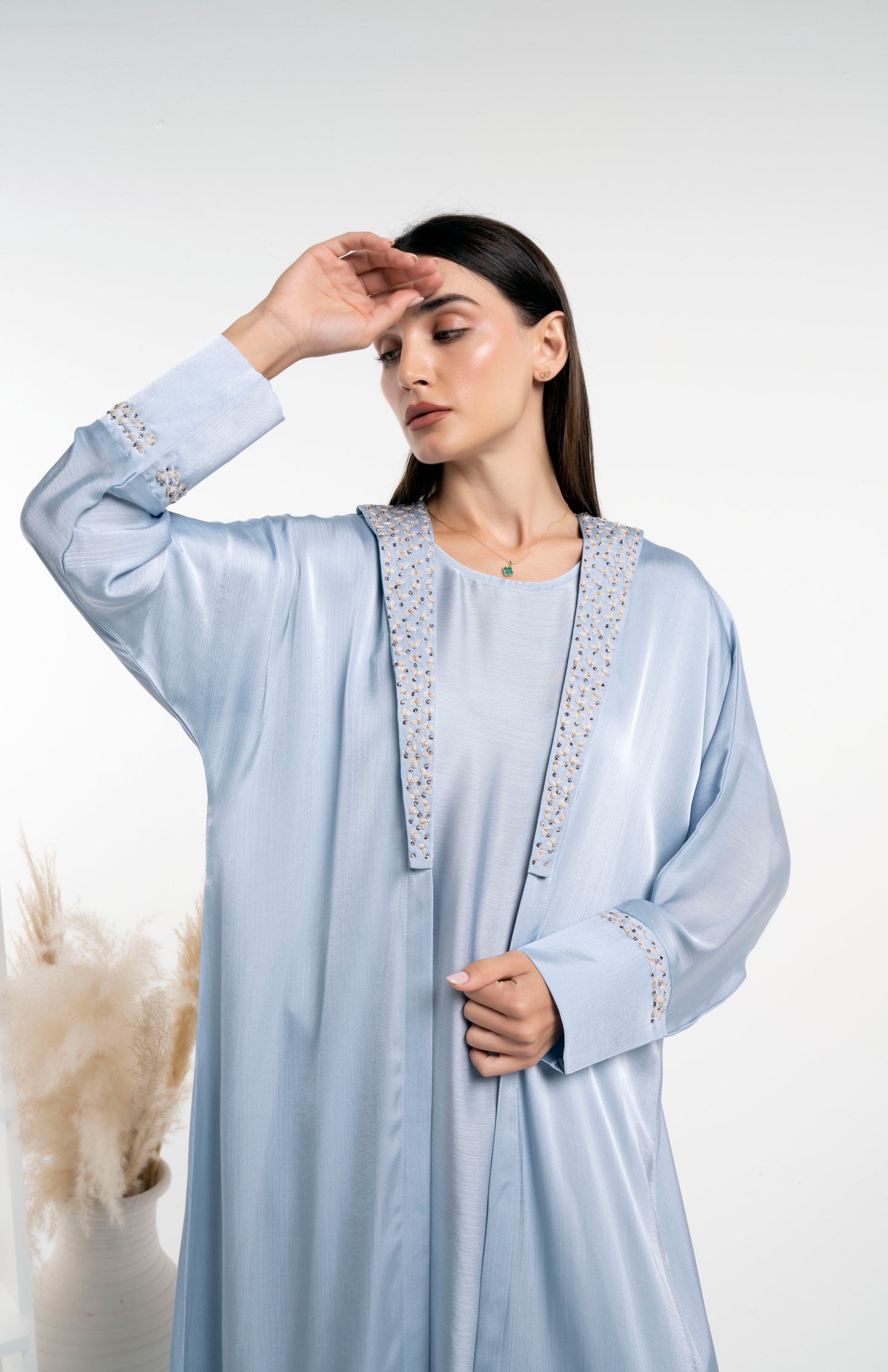 Soft Silk Satin Bisht Abaya With Floral Embroidery On Collar And Cuff Sleeves