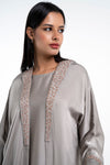 Soft silk satin abaya with floral embroidery for sale in Dubai