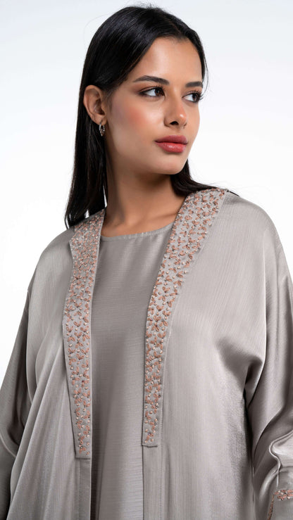 Soft silk satin abaya with floral embroidery for sale in Dubai