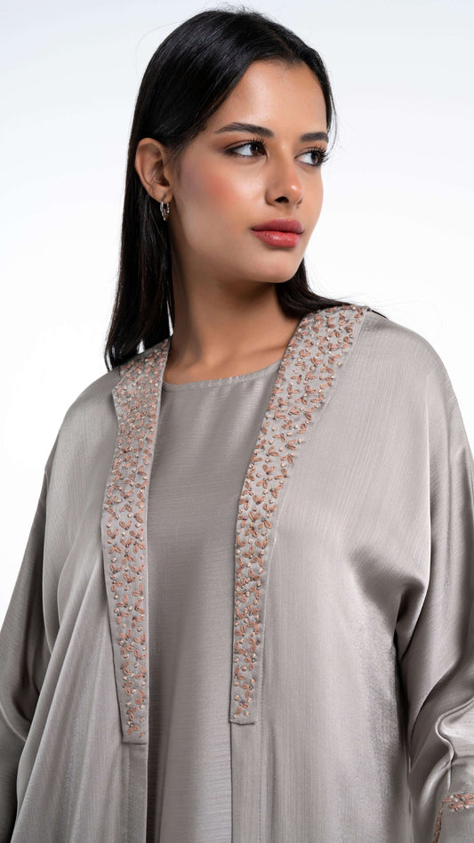 Soft silk satin abaya with floral embroidery for sale in Dubai