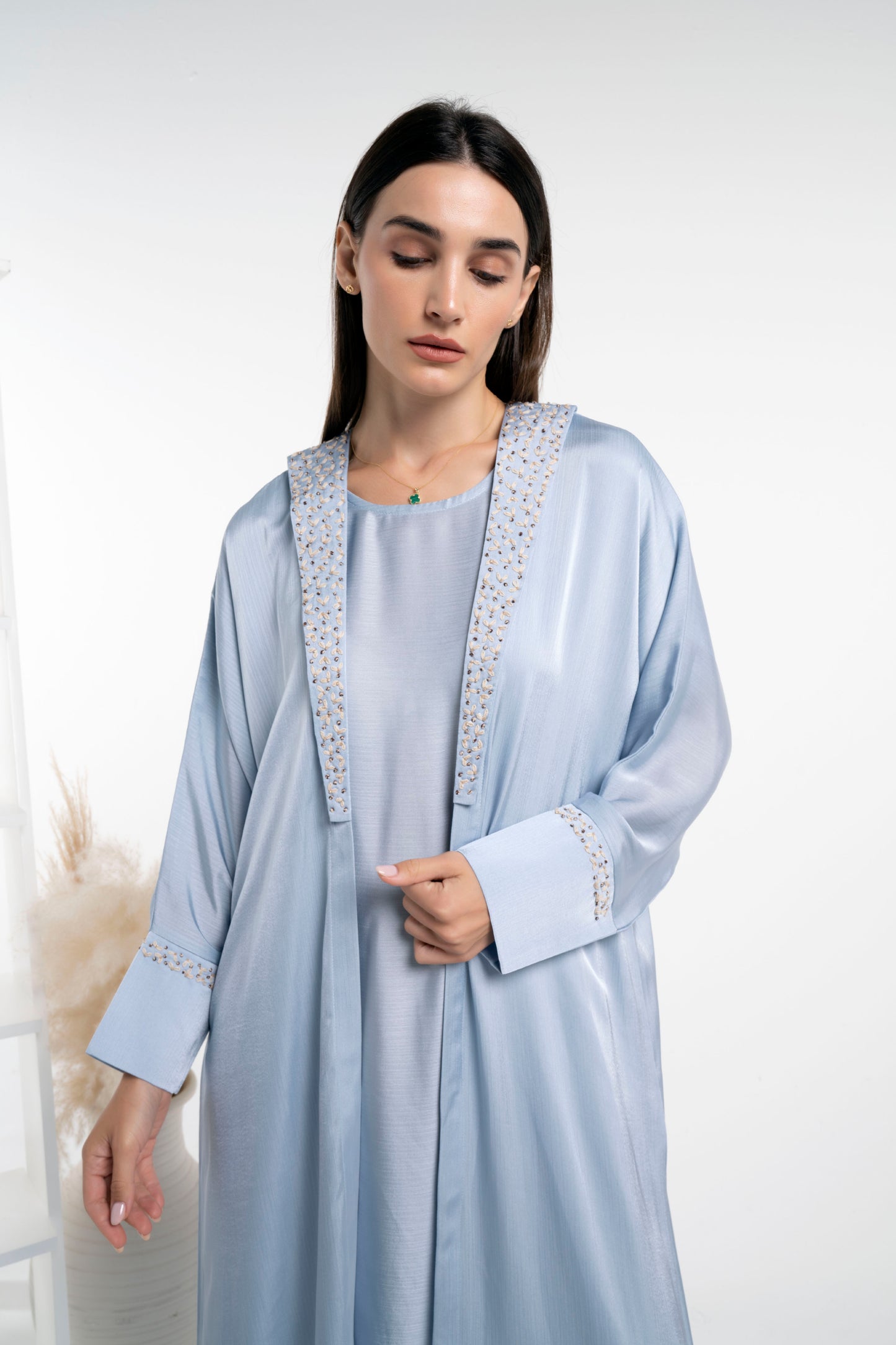 Silk satin abaya with white floral embroidery on collar and sleeves