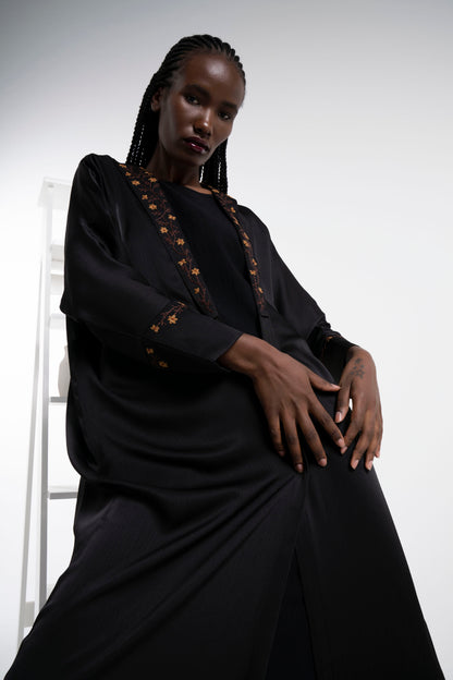 Black silk satin abaya with floral embroidery