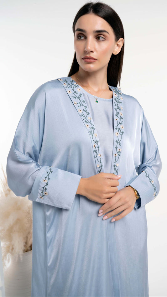 Silk satin abaya with floral embroidery on collar and cuff sleeves
