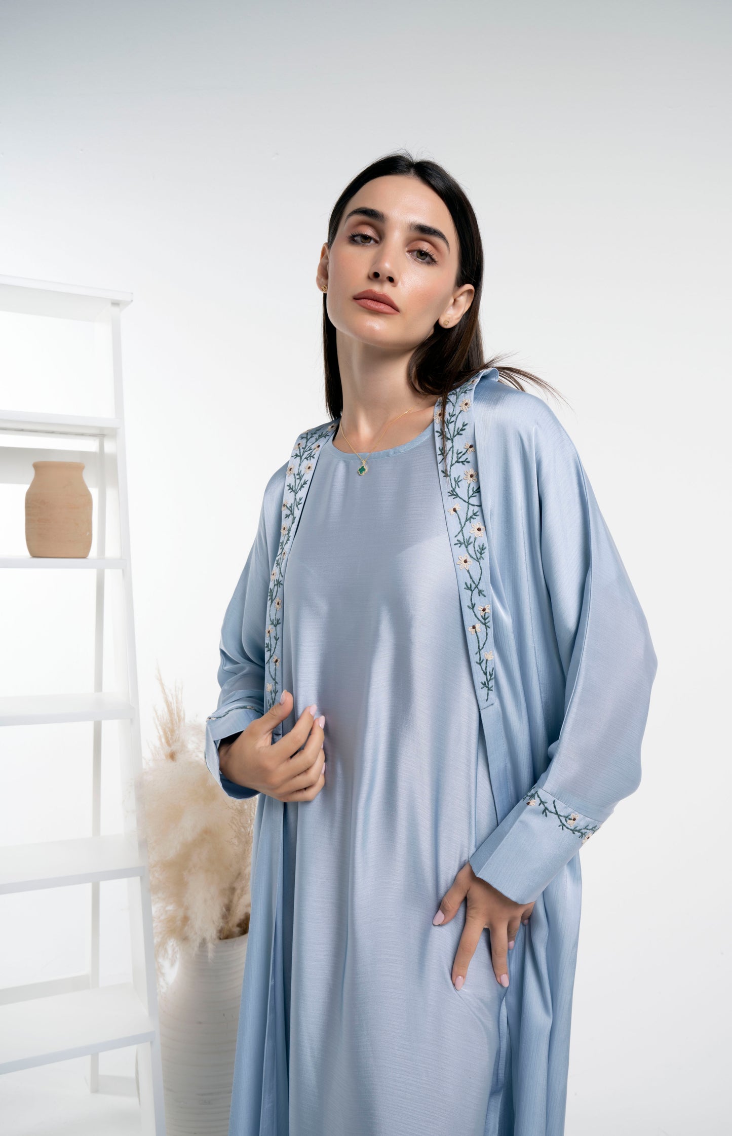 Soft Silk Satin Bisht Abaya With Floral Embroidery On Collar And Cuff Sleeves