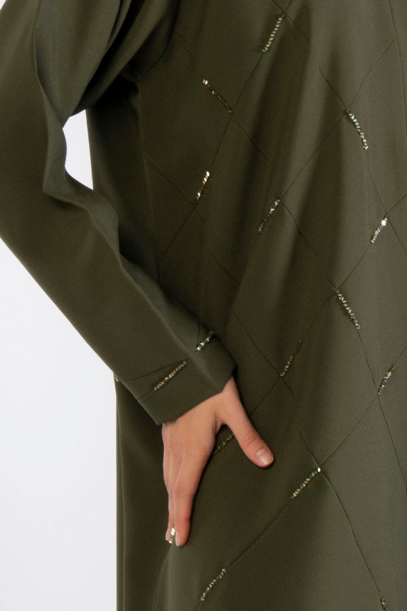 Olive Green Geometrical Pintucks Abaya with Bead Detailing