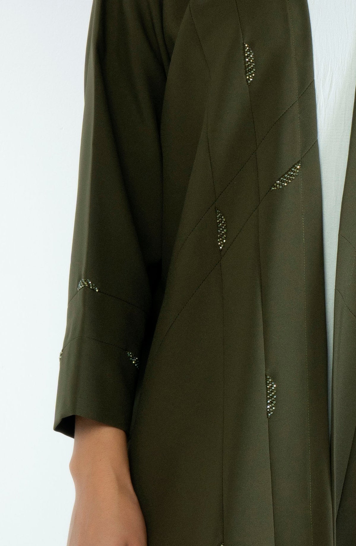 Green Colored V-Neck Abaya with Elegant Line-Patterned Beaded Embellishments