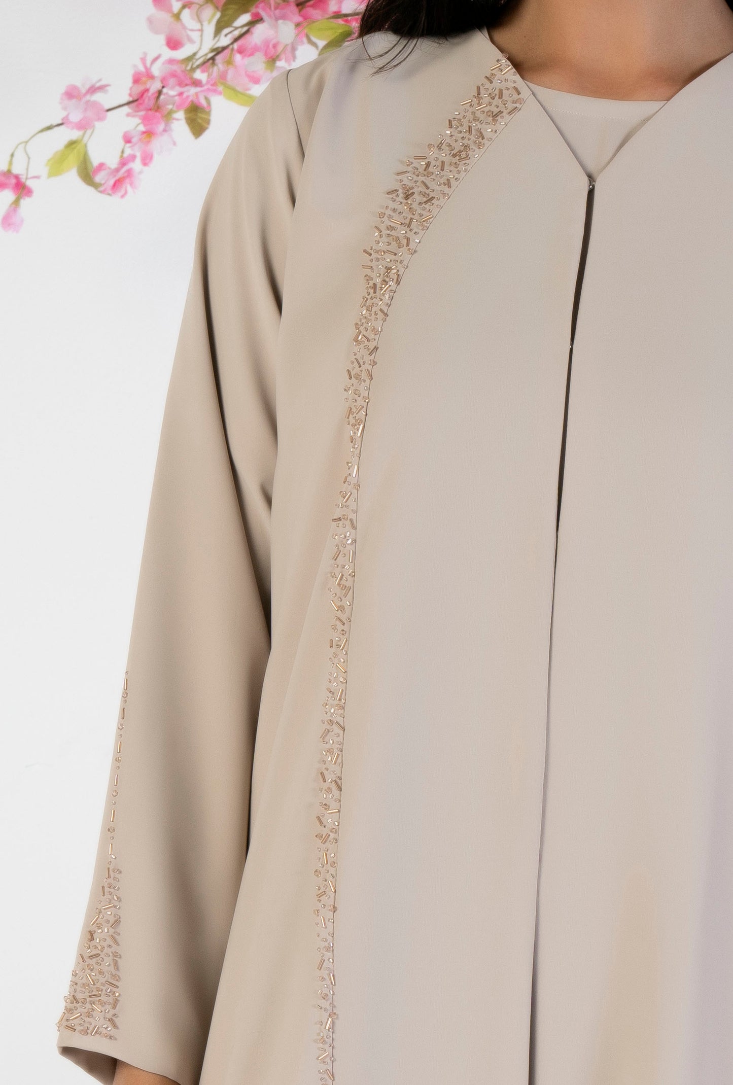 Soft Fabric Abaya With Elegant Curve Line Pattern Bead Work On Front