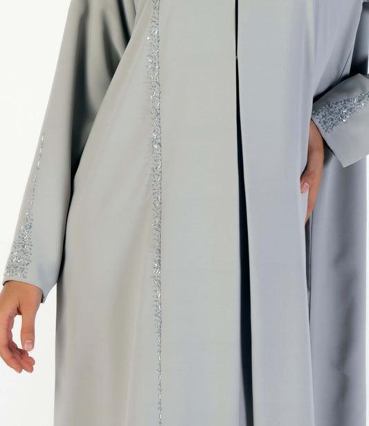 Soft Fabric Grey Abaya With Elegant Curve Line Pattern Bead Work On Front