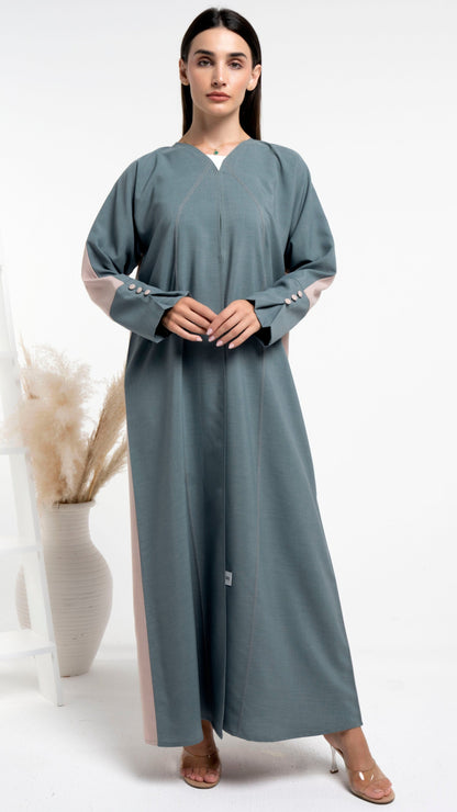 Green & Beige color abaya with curve stitch line on front and button detailing on sleeves