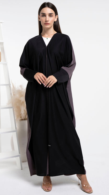 Bahraini style black & brown color block abaya with front line piping detail