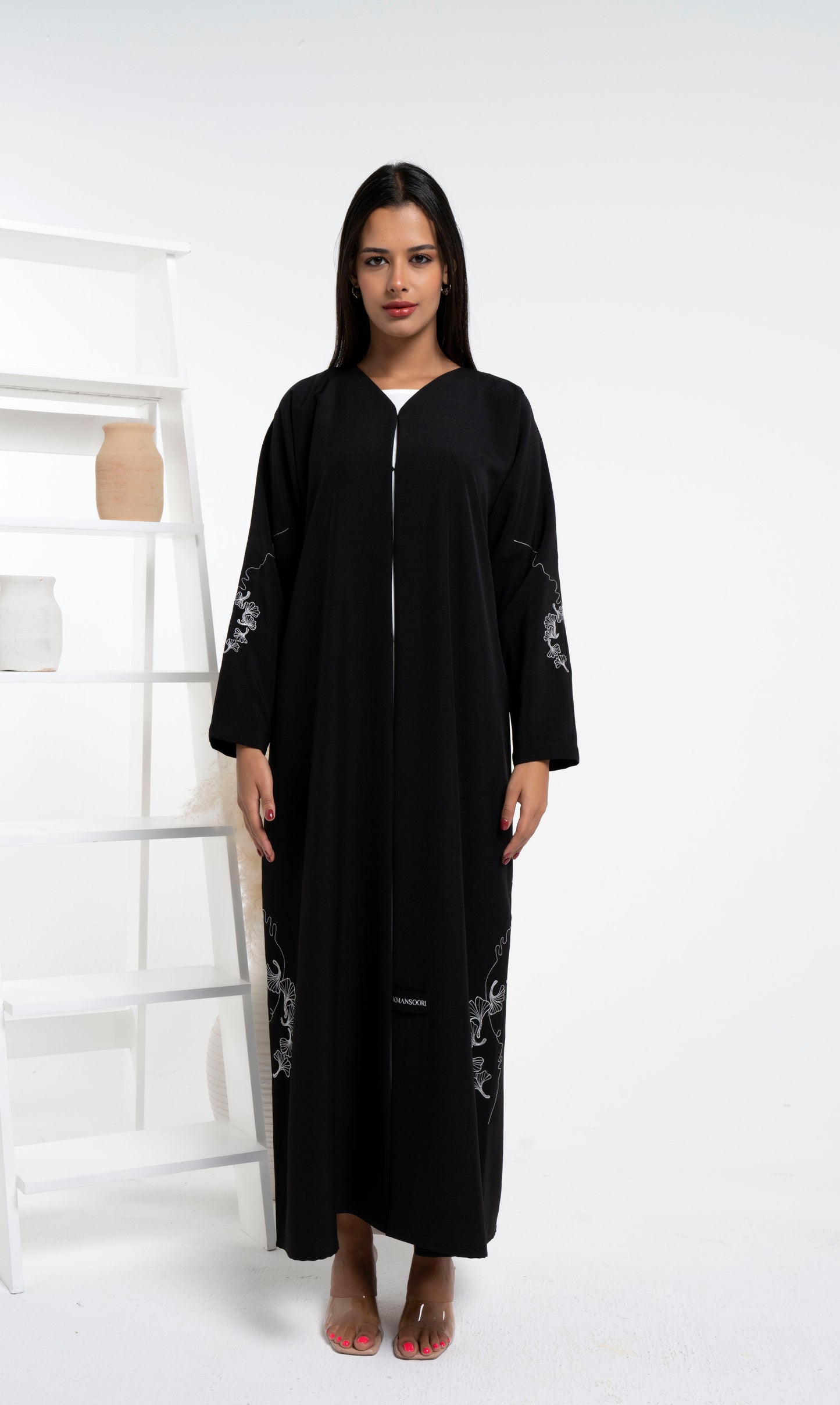 Black abaya for women with white floral embroidery