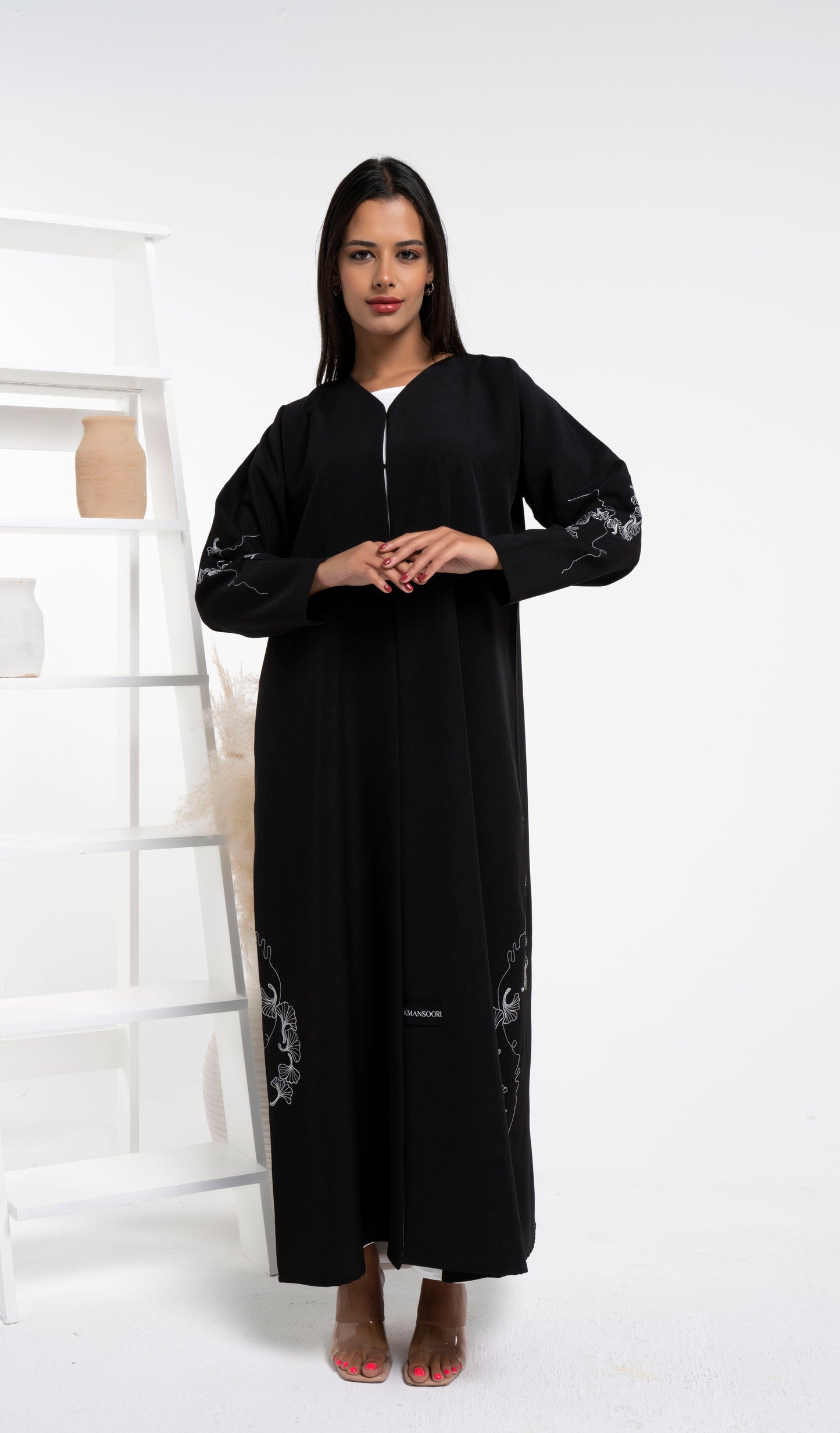 Black Abaya With White Floral Embroidery On Side And Sleeves