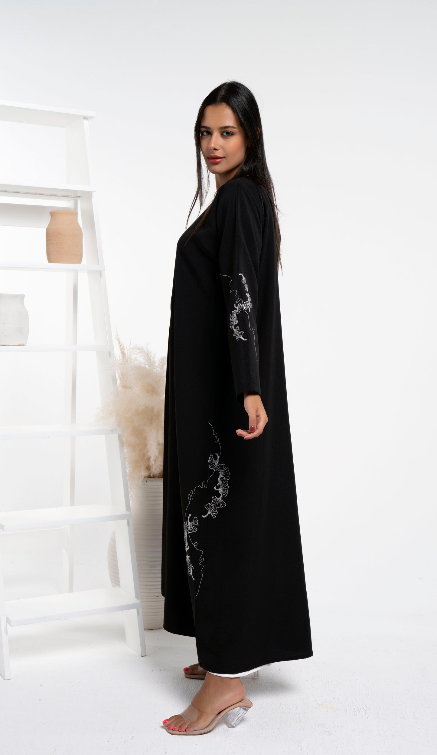 Black Abaya With White Floral Embroidery On Side And Sleeves