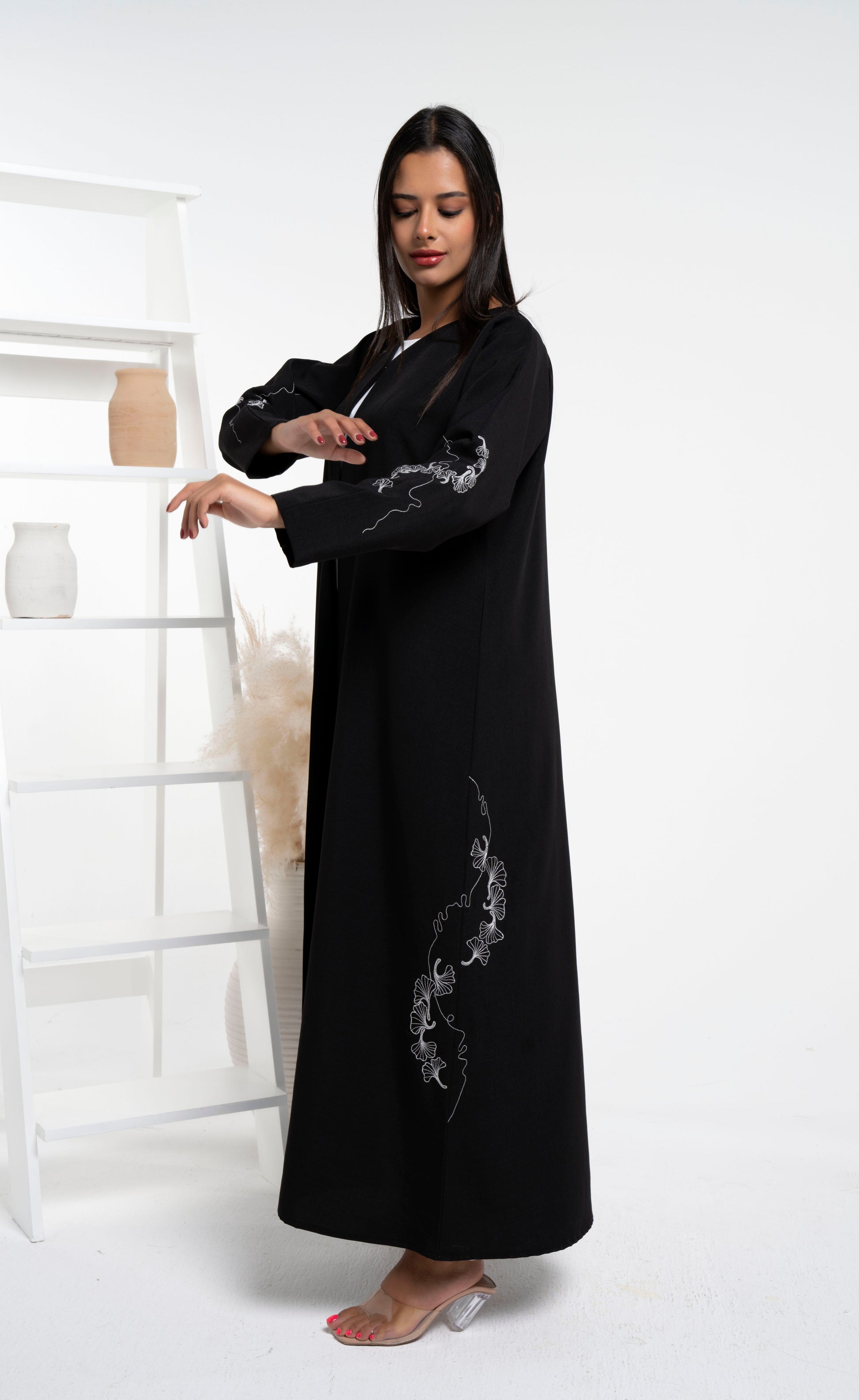 Black abaya with white floral embroidery on side and sleeves