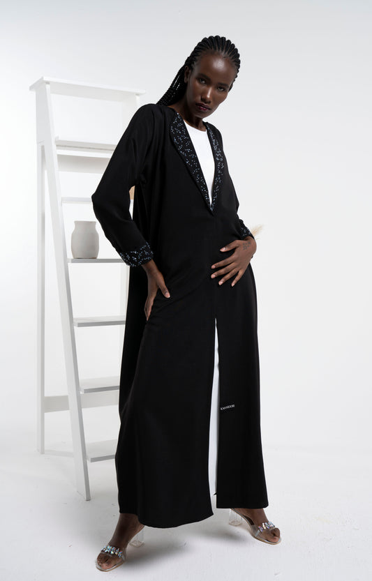 Black color abaya with beadwork collar and folded cuff sleeves.