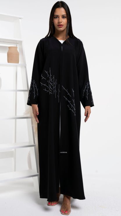 Elegant thread embroidery black abaya with bead detailing