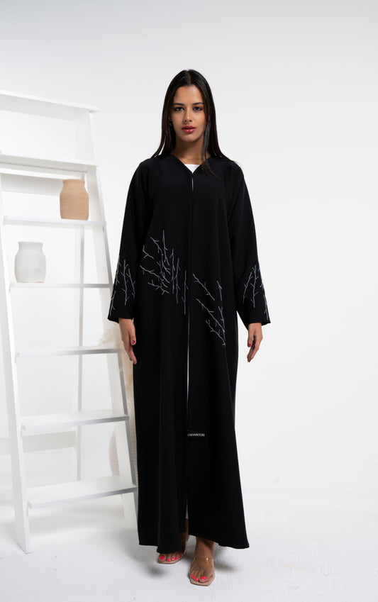 Elegant thread embroidery black abaya with bead detailing