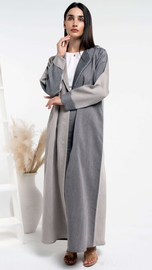 Girl wearing beige & Grey color block abaya