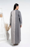 Back view of beige & grey color block abaya.