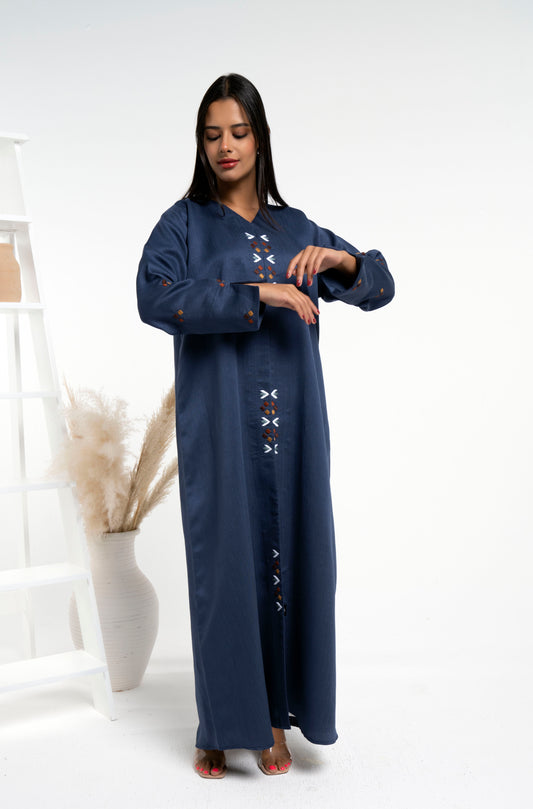 Blue abaya with thread embroidery on frontline and sleeves