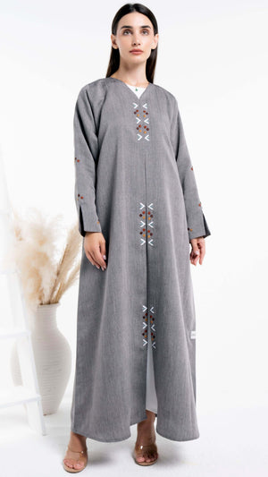 Grey color abaya with thread embroidery on frontline and sleeves